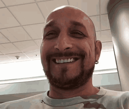 a bald man with a beard is smiling and wearing a shirt with a dolphin on it