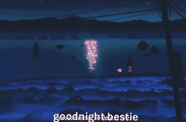 a picture of a lake at night with the words goodnight bestie