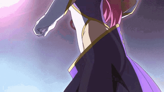 a girl with pink hair is wearing a purple dress and a white glove