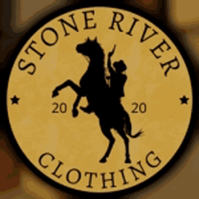 a logo for stone river clothing shows a cowboy on a horse