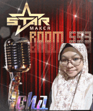 a woman in a hijab stands in front of a red curtain with a star makcr logo behind her