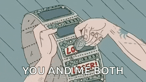 a cartoon of a person holding a coin in front of a machine that says `` you and me both '' .