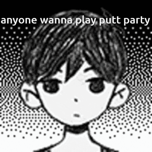 a black and white drawing of a boy with the words `` anyone wanna play putt party '' written below it .