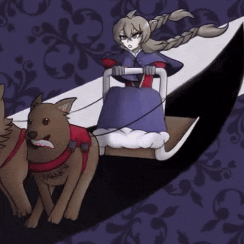 a cartoon drawing of a woman in a sled pulled by two dogs