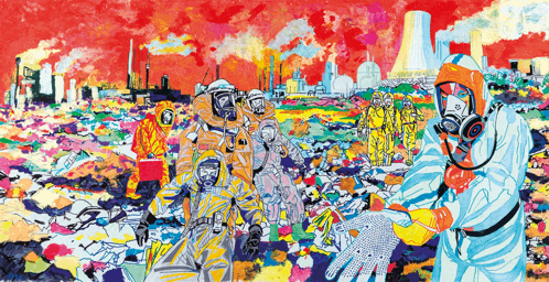 a colorful painting of a group of people wearing gas masks and gloves