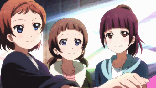 three anime girls are posing for a picture and one has a ponytail