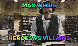 stan lee is reading a book in a library with the words max while heroes vs villains on the bottom