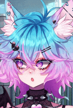 a drawing of a girl with blue and pink hair and hearts on her ears
