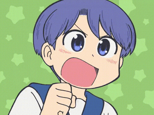 a cartoon drawing of a boy with blue hair and a green background