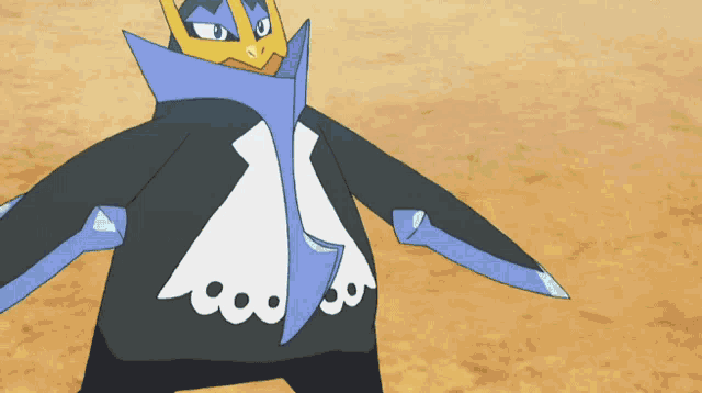 a cartoon penguin with a blue collar and a yellow headband