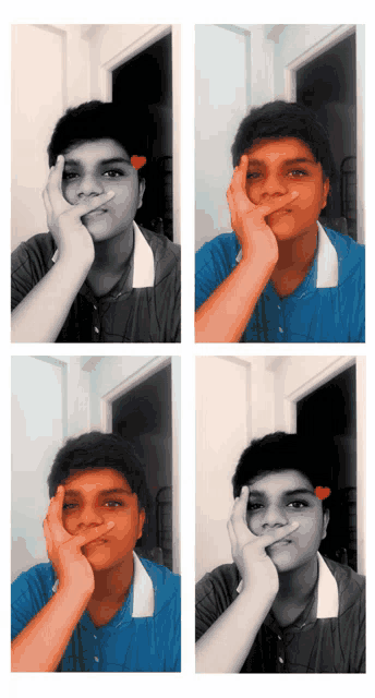 a young man with a heart on his forehead takes four different selfies
