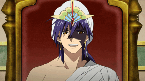 a man with purple hair and a white turban is sitting on a throne
