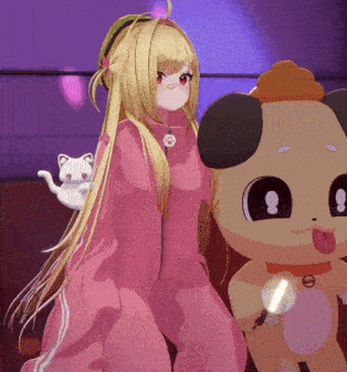 a girl in a pink dress stands next to a stuffed dog