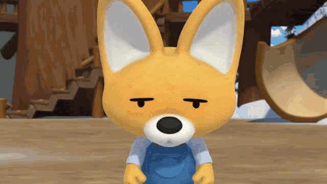 a cartoon fox wearing blue overalls and a white shirt making a sad face