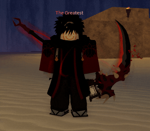 a video game character named the greatest is holding a red scythe