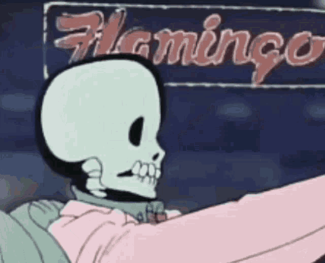 a cartoon skeleton is driving a car in front of a flamingo sign .