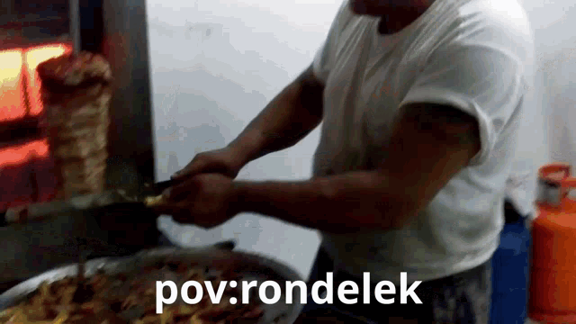 a man in a white shirt is cooking food with the words pov : rondelek written below him