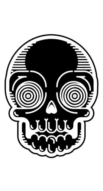 a black and white drawing of a skull with swirls in its eyes