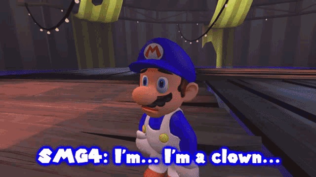 a cartoon character says smg4 i 'm i 'm a clown while wearing a blue hat