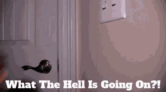 a person is opening a door with the words what the hell is going on on the bottom