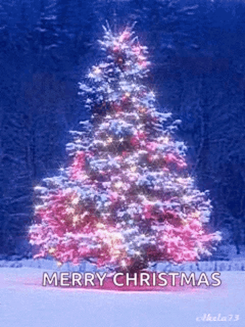 a merry christmas card with a christmas tree in the snow