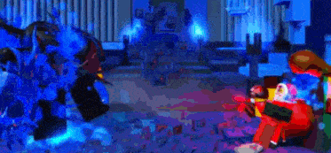 a man in a santa suit is holding a gun in a video game while a monster attacks him .