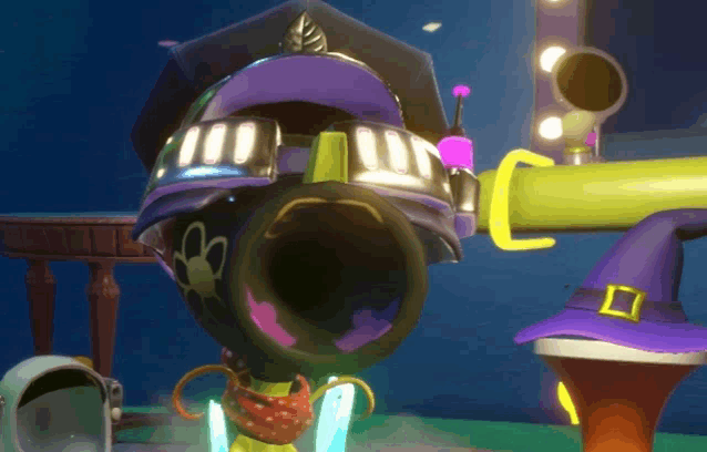 a cartoon character with a purple hat and goggles