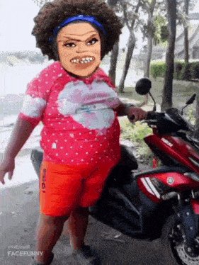 a picture of a woman standing next to a red yamaha scooter