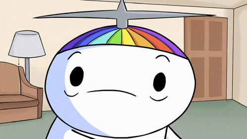 a cartoon character has a rainbow colored hat on his head