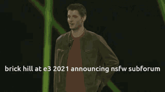 a man is dancing in a dark room with the words " brick hill at e3 2021 announcing nsfw subforum "