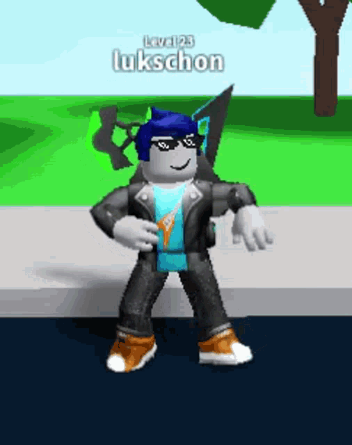 a roblox character wearing sunglasses and a blue shirt is standing on a sidewalk .