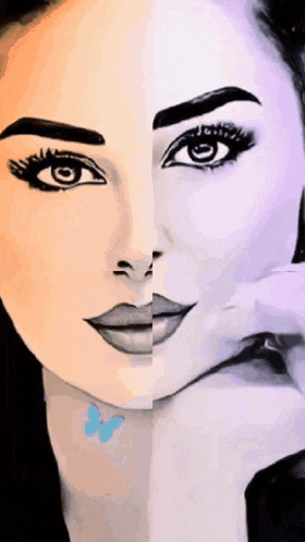 half of a woman 's face is shown in a painting