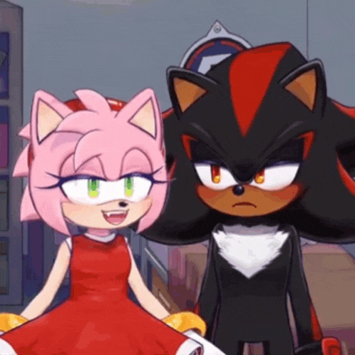shadow the hedgehog and amy rose are standing next to each other .