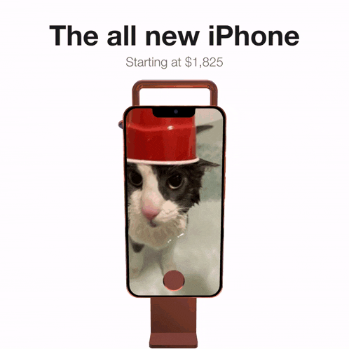 an advertisement for the all new iphone with a cat wearing a red hat