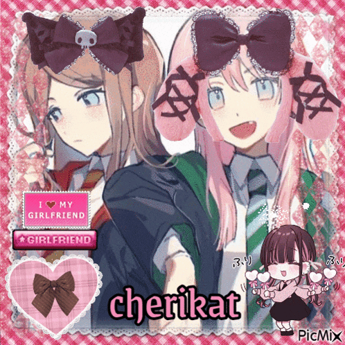 a picture of two anime girls with cherikat written in the bottom right corner