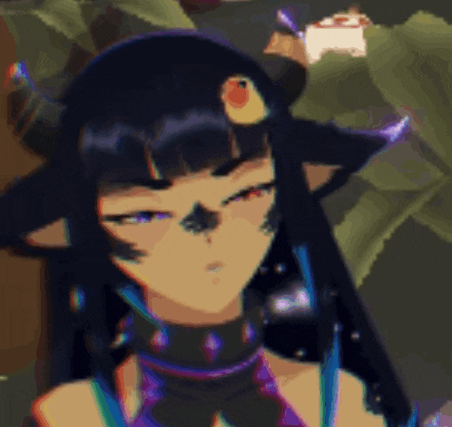 a close up of a cartoon character with horns and a bird on her head