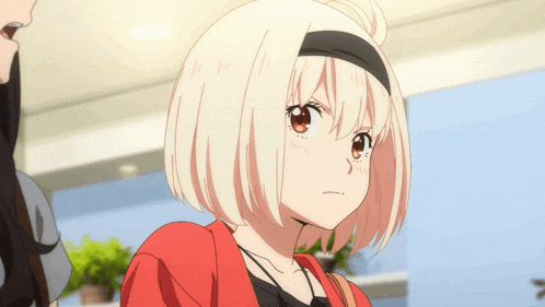 a girl with white hair and red eyes is wearing a headband