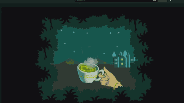 a pixel art drawing of a person holding a cup of green tea