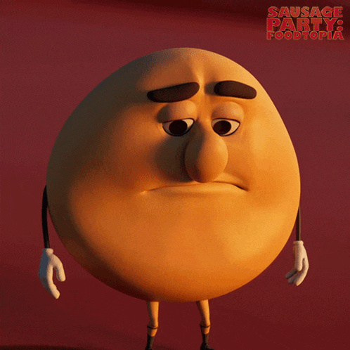 a cartoon character from sausage party foodtopia with a sad face