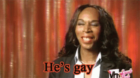 a woman in a suit says he 's gay in front of a red curtain .