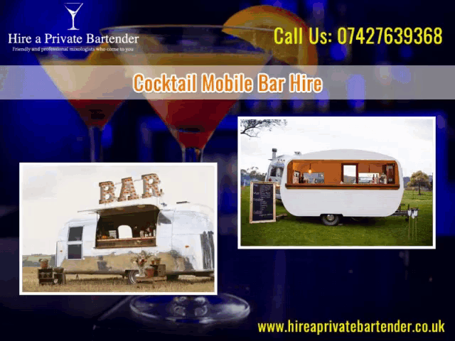 a flyer for hire a private bartender shows a mobile bar