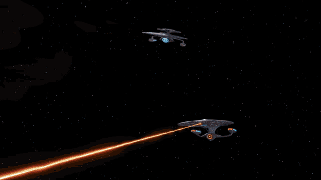 a space ship is flying through space with a red star behind it