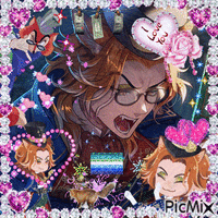 a picture of a man wearing glasses and a top hat with a heart on it