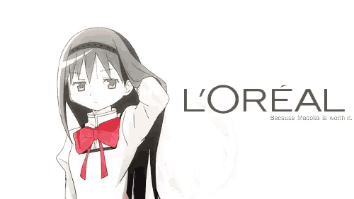 a girl with long black hair stands in front of a sign that says l' oreal