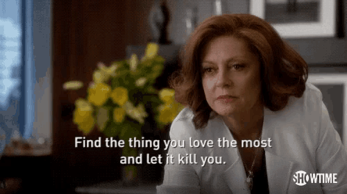 a woman in a white coat says find the thing you love most and let it kill you