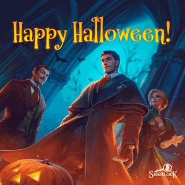a poster that says happy halloween with three people