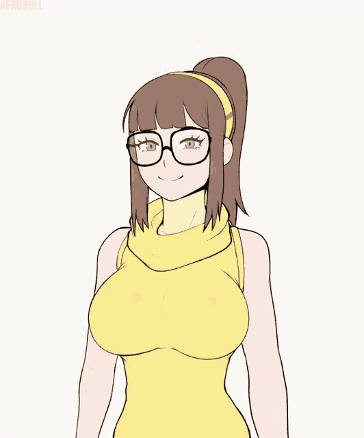 a drawing of a girl wearing glasses and a yellow dress with afrobull written on the bottom