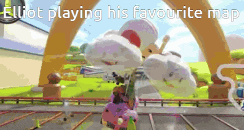 a cartoon character is playing a video game with the words elliot playing his favourite map .