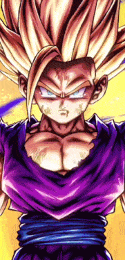 a close up of a dragon ball z character with a purple shirt and a yellow background .