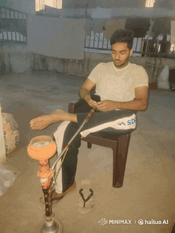 a man sitting on a chair smoking a hookah with a watermark that says minimx